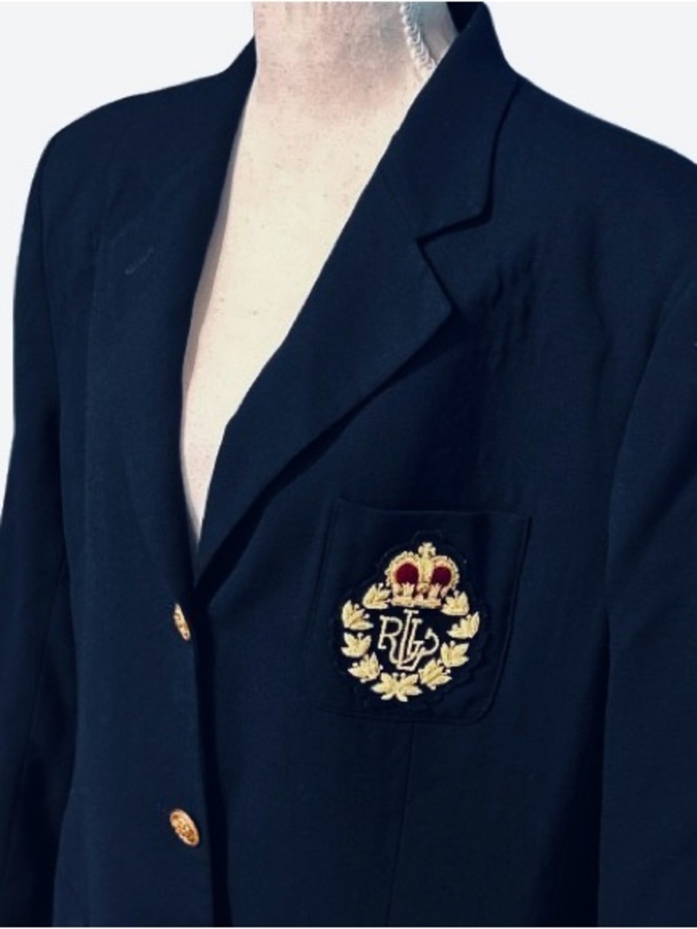Vintage Wool RALPH LAUREN Navy Blue Blazer Crest Gold Buttons Designer Plus 16 - Picture 5 of 13